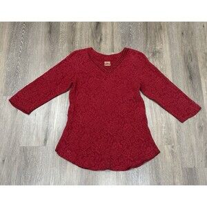 URU Silk Tunic Top Medium Red Floral Blouse Jacquard Textured Lagenlook